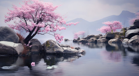 Sakura cherry blossom in spring time with lake and mountain backgroundの素材