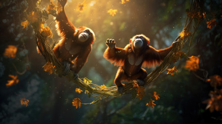 Two Orangutans hanging on a tree branch in the forestの素材