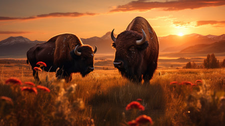 Bison in the prairie at sunset. 3d render.の素材