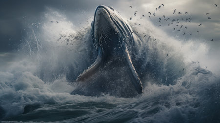Humpback whale in stormy ocean with big waves. 3d renderingの素材