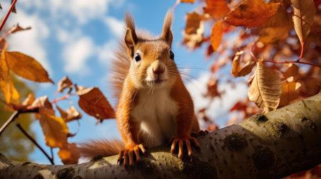 Squirrel sits on a branch in the autumn park and looks at the cameraの素材