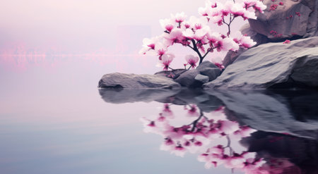 Cherry blossoms in full bloom on a lake with a reflectionの素材