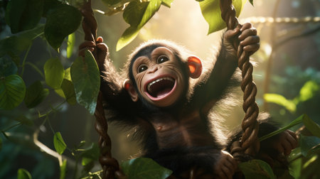 Chimpanzee in a hammock on a background of green leavesの素材