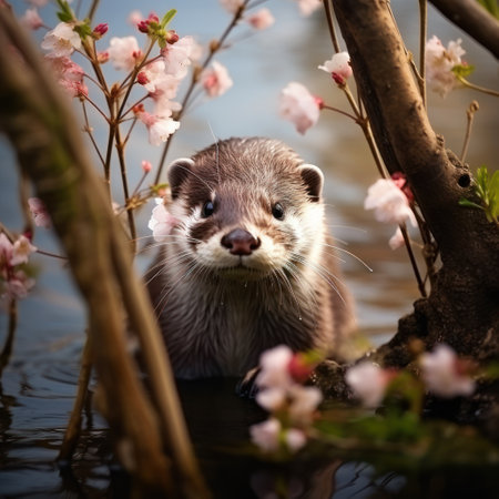 Otter looking for food in a pond with cherry blossomの素材
