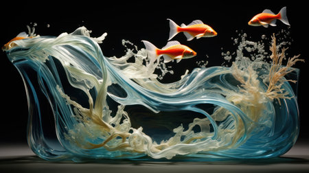 Goldfish jumping into water. Isolated on black background. 3d rendering.の素材