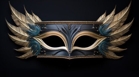 Theater mask with feathers on black background. 3d illustration.の素材