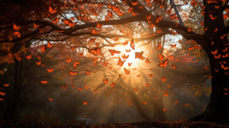 Foggy autumn forest with sunbeams and red butterflies.の素材