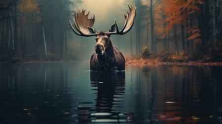 Moose in the misty autumn forest. 3D Renderingの素材