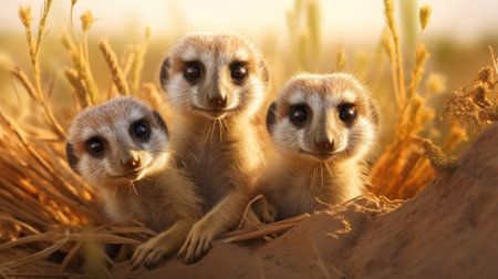 Three meerkats standing in the sand and looking at the cameraの素材