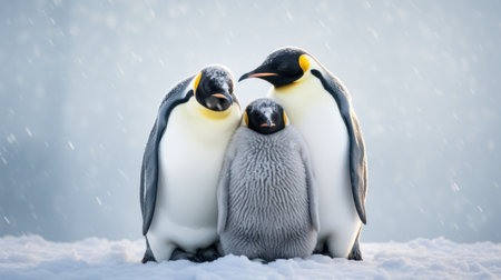 Emperor penguins with baby chick on snow background. Antarctica.の素材