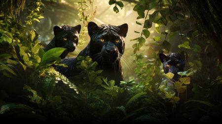 Black panther and panther in the jungle.3d renderingの素材