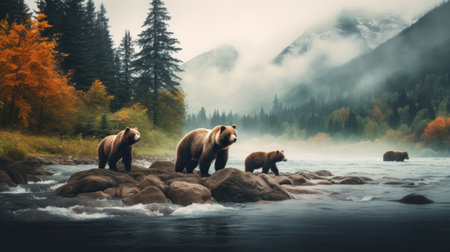 Grizzly bears on the shore of a mountain river in autumn forestの素材