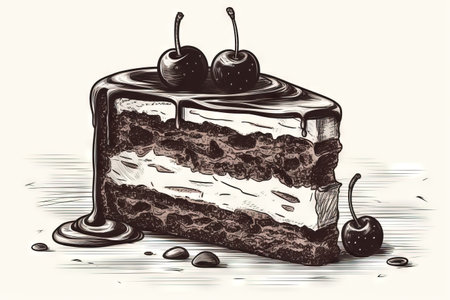 Chocolate cake with cherries and chocolate syrup. Vector illustration.の素材