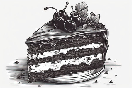 Chocolate cake with cherries and blackberries. Hand drawn vector illustration.の素材