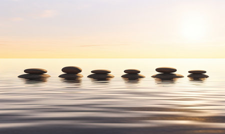 a row of rocks sitting on top of a body of water. . generative aiの素材
