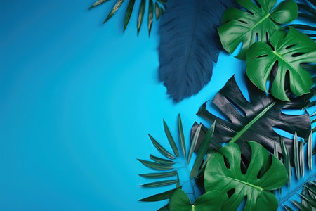 Tropical leaves on blue background. Top view with copy spaceの素材