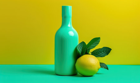 a green bottle next to a lemon and a green leaf. . generative aiの素材