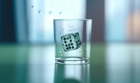 a dice in a glass of water on a table with a window in the background. . generative aiの素材