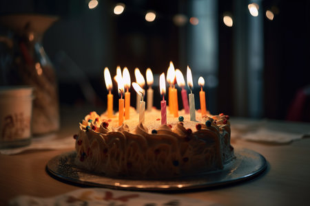 a birthday cake with lit candles on a table with a cup of coffee in the backgrouf of the picture and a lit candle in the middle of the cake. . generative aiの素材