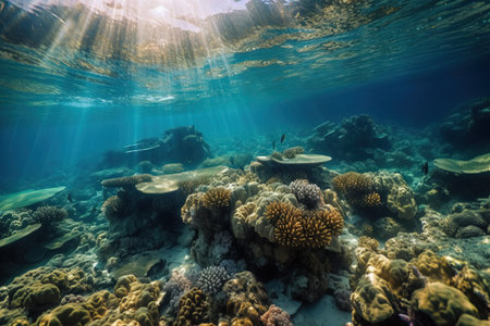 a coral reef with sunbeams shining through the water&#39;s water surface, with a fish swimming over the corals and corals in the foreground. . generative aiの素材