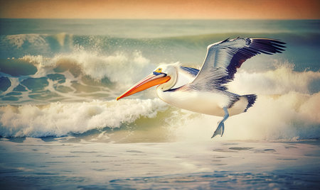 a pelican flying over a wave in the ocean. . generative aiの素材