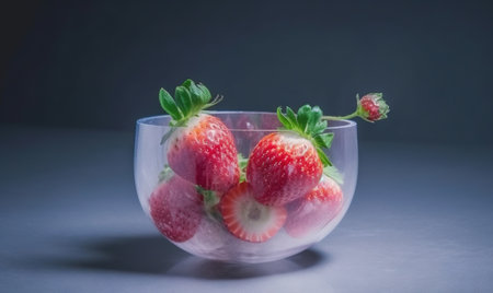 Strawberries in a glass vase on a gray background.の素材