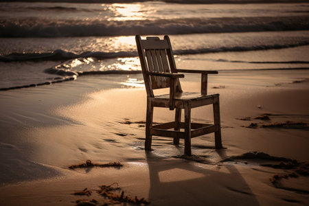 Wooden chair on the beach in the evening. Selective focus.の素材