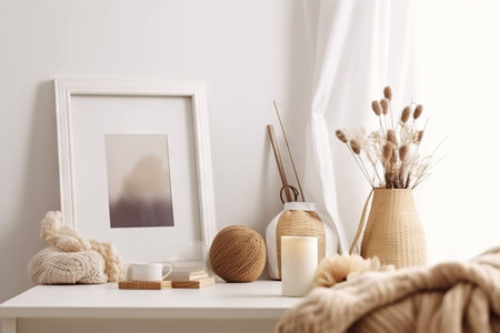 a white shelf with a vase, candle, and a picture on it with a blanket on top of it and a picture frame on the wall above it. . generative aiの素材