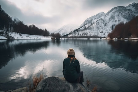 a person sitting on a rock near a body of water with mountains in the background and snow on the ground and in the foreground. . generative aiの素材