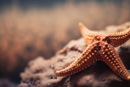 a starfish is laying on a rock in a tank with water and sand in it's bottom half and a blurry background. . generative aiの素材