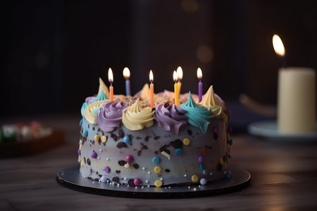 a birthday cake with lit candles sitting on a table next to a cup of coffee and a candle on a plate with a candle in the middle of the cake. . generative aiの素材