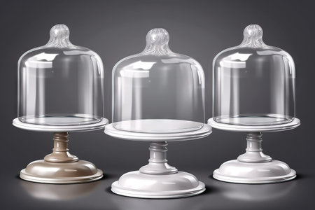 three glass clochets with a wooden base on a gray background, with a white apple in the top one of the clochets. . generative aiの素材