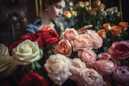 a woman looking at a bunch of flowers in a vase with a mirror in the back ground behind her and a woman in the background. . generative aiの素材