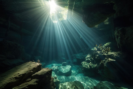 sunlight shining through a cave into a body of water with rocks and rocks in the foreground and a person standing on the edge of the cave. . generative aiの素材