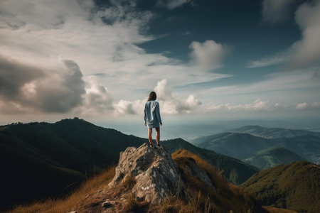 a person standing on top of a mountain with a view of the sky and mountains in the background with a person standing on top of a rock. . generative aiの素材