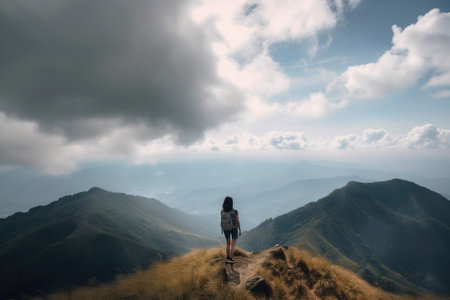 a woman standing on top of a mountain looking at the sky and mountains in the distance with clouds in the sky and a person standing on the top of a hill. . generative aiの素材