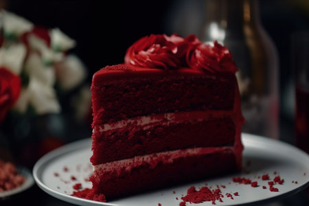 a slice of red cake with white frosting on a plate with a rose on top of the cake and a bottle of wine in the background. . generative aiの素材