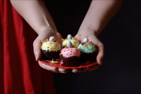 a person holding a plate with cupcakes in their hands on a red cloth with a black background and a red curtain behind it. . generative aiの素材