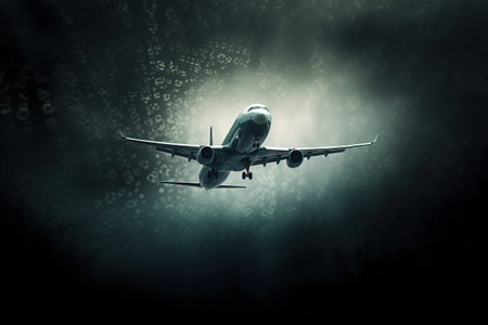 an airplane is flying in the sky with a dark sky behind it and trees in the foreground and a light shining on the ground behind it. . generative aiの素材