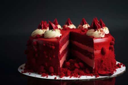 a red velvet cake with white frosting and a slice cut out of it on a white plate with red sprinkles around it. . generative aiの素材