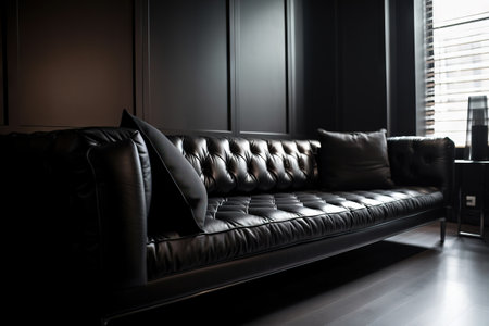 a black leather couch sitting in a living room next to a table with a vase on it and a lamp on top of the couch. . generative aiの素材