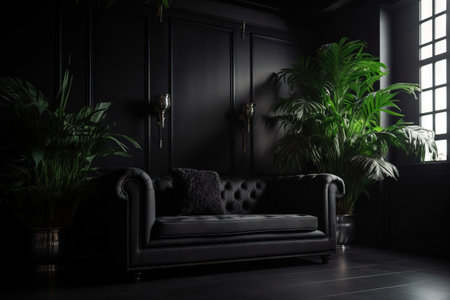 a black couch in a dark room with a potted plant in the corner of the room and a window with a light coming through it. . generative aiの素材