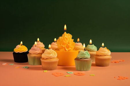 a cupcake with a candle surrounded by cupcakes with frosting and sprinkles on a pink table with green background. . generative aiの素材