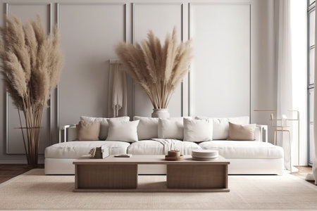 a living room with a white couch and a coffee table in front of a large window with tall grass in the corner of the room. . generative aiの素材