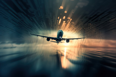 an airplane flying over a body of water at sunset or sunrise or sunset, with the sun shining through the clouds and reflecting on the water. . generative aiの素材