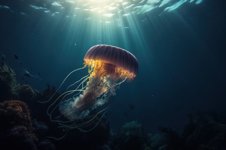 a jellyfish swimming in the ocean with sunlight streaming through the water&#39;s surface and its head above the water&#39;s surface, with a bright beam of light coming from above the water. . generative aiの素材