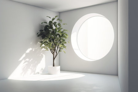a potted plant in a white room with a round window on the wall and a round window on the wall behind it, in the corner of a white room. . generative aiの素材