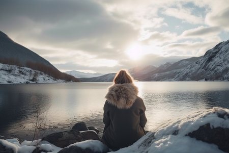 a person sitting on a rock near a body of water with snow on the ground and mountains in the background with a sun shining through the clouds. . generative aiの素材