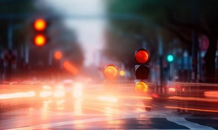 a blurry image of a street with traffic lights and a street sign on it&#39;s corner, with a blurry background of the street lights. . generative aiの素材