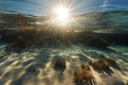 the sun shines brightly over a sandy area with seaweed in the foreground and a blue sky in the background with a few clouds in the foreground. . generative aiの素材